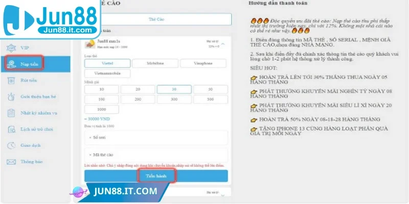 Chi tiết các bước nạp tiền Jun88 đơn giản, nhanh gọn, tiện lợi
