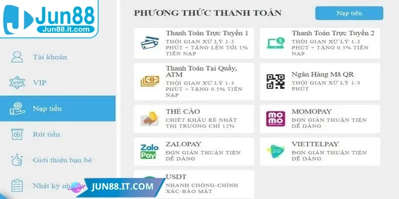 Những hình thức Nạp tiền Jun88 phổ biến